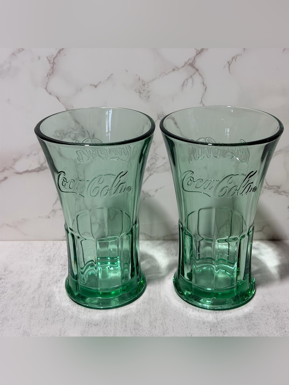 Libbey Coca-Cola Green Embossed Glass Set of 2